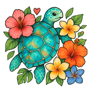 Watercolor Sea Turtle with Tropical Flowers