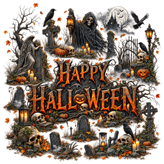 Gothic Halloween Cemetery Illustration