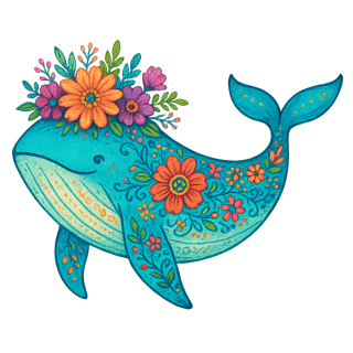 Boho Floral Whale Illustration