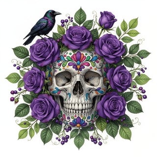 Vibrant Botanical Skull Illustration
