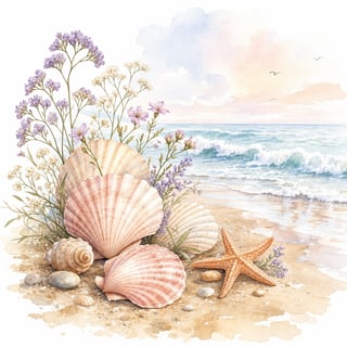 Watercolor Beach Scene with Shells