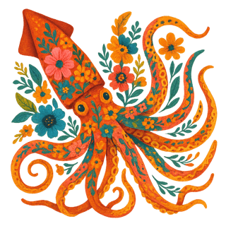 Boho Floral Giant Squid Illustration