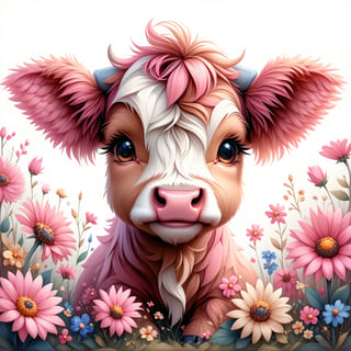 Cute Pink Sunflower Baby Highland Cows