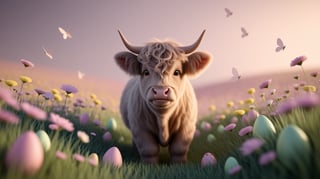 Baby Highland Cow with Easter Background