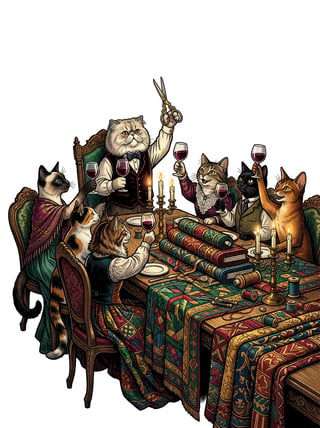 Elegant Cats at Quilted Table