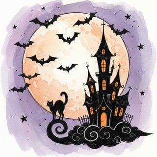 Hand-Drawn Halloween Moon Scene