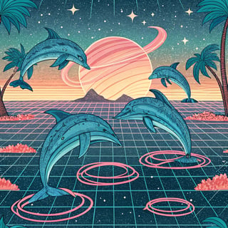Electric-Blue Dolphins in Synthwave Ocean