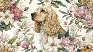 Cocker Spaniel with Magnolias Illustration