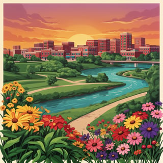 Colorful Iowa City Sunset Illustration