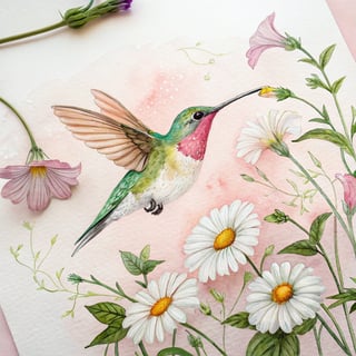 Watercolor Hummingbird with Flowers