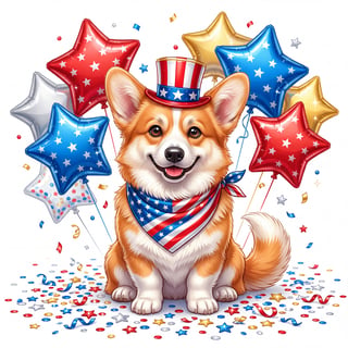 Patriotic Corgi Wearing Bandana and Hat