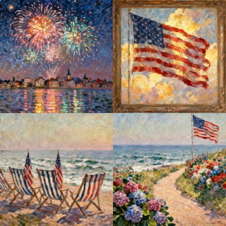American Flag and Fireworks Oil Paintings