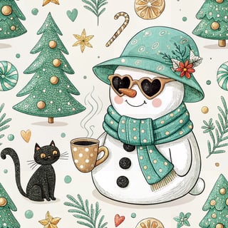 Cute Retro Snowman with Christmas Elements