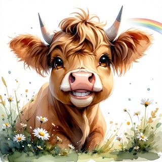 Smiling Highland Cow with Daisies