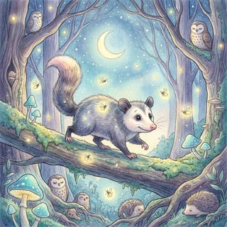 Curious Possum in Nighttime Woodland