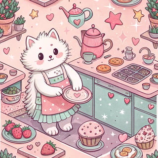 Fluffy Cat Baking in Pastel Kitchen
