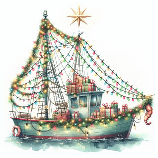 Whimsical Christmas Shrimp Boat Illustration