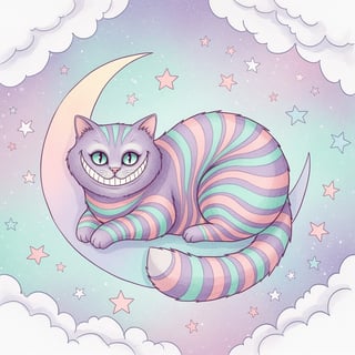 Pastel Cheshire Cat on Crescent Moon
