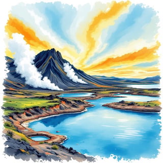 Myvatn Iceland Ink & Watercolor Poster