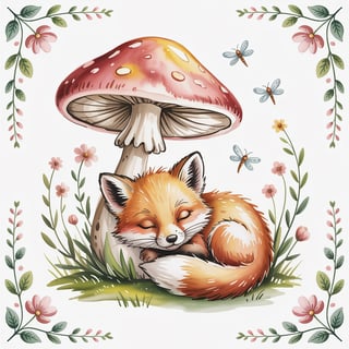 Sleepy Baby Fox Watercolor Illustration