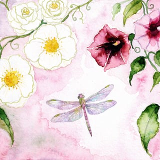 Watercolor Dragonfly with Flowers