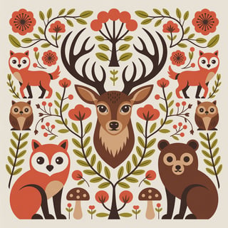 Folk Art Pattern with Stylized Animals