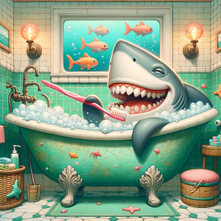 Whimsical Shark in Bathtub Artwork