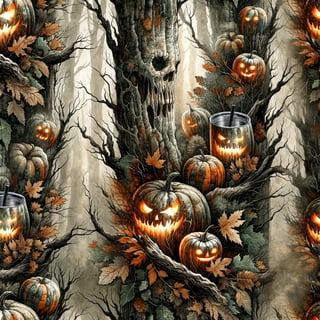 Watercolor Woodland Camo with Glowing Pumpkins