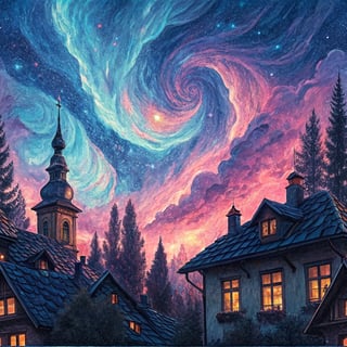 Electric Blue & Magenta Sky Over Village