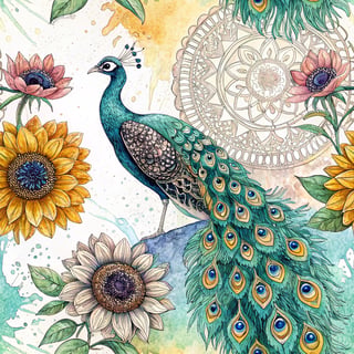 Vibrant Boho Peacock with Sunflowers