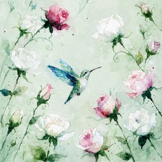 Watercolor Hummingbird with Roses