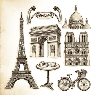 Vintage Paris Landmarks Ink Sketch