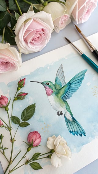 Watercolor Hummingbird with Pink Roses