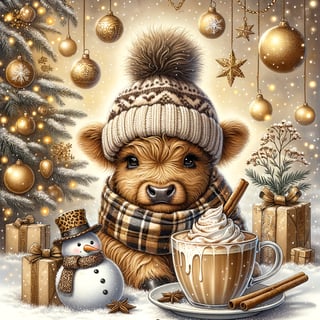 Cozy Christmas Baby Highland Cow Illustration
