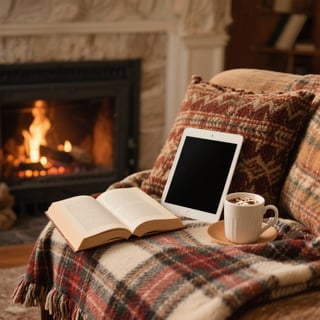 Cozy Fireplace Setup with Book and Cocoa