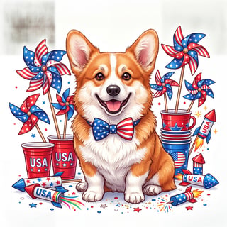 Festive Corgi with Patriotic Accessories
