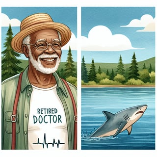 Watercolor Grandpa by Lake with Shark