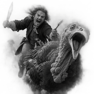 Greyscale 18th-Century Man Chasing Turkey