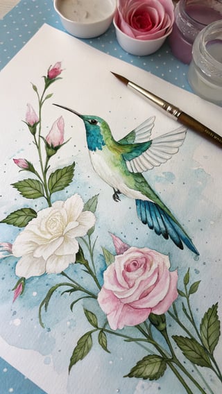 Watercolor Hummingbird with Pink Roses