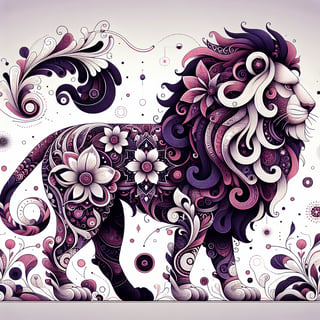 Decorative Purple Floral Lion Illustration