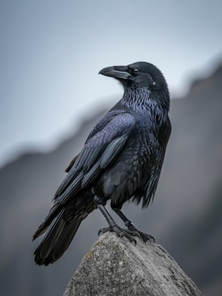 Watchful Raven Perched with Detailed Feathers