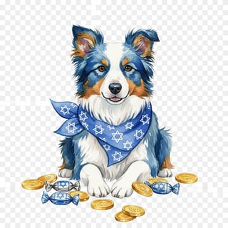 Watercolor Border Collie with Hanukkah Scarf
