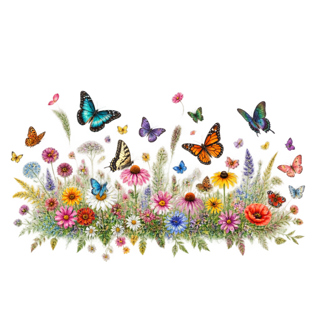 Vintage Multicolored Butterfly & Wildflowers