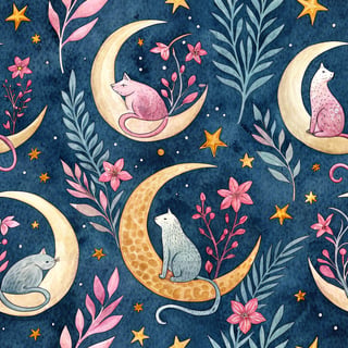 Whimsical Cats with Moon and Stars
