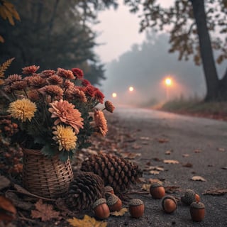 Fall Mums and Pinecones in Warm Tones