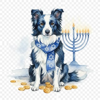 Watercolor Border Collie with Hanukkah Scarf