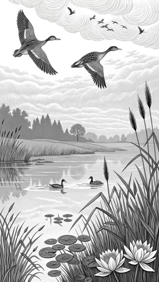 Engraved Ducks Over Calm Marsh