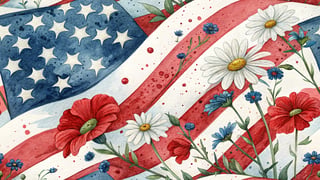 Watercolor American Flag with Flowers