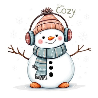 Cartoon Snowman with Scarf and Cocoa