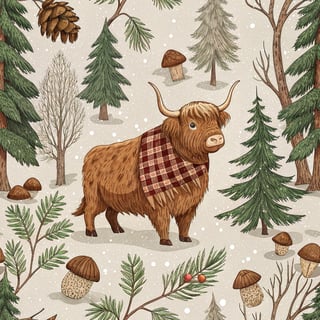 Highland Cow in Cozy Woodland Scene